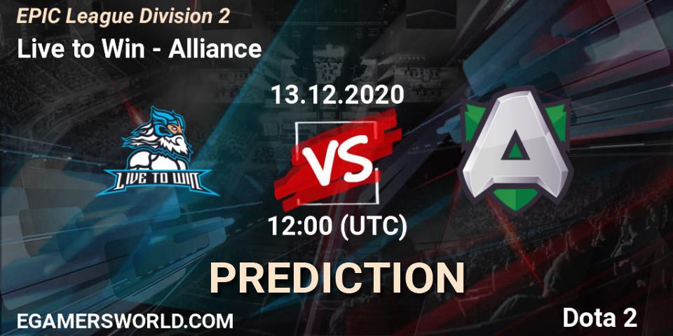 Live to Win - Alliance: прогноз. 13.12.2020 at 12:00, Dota 2, EPIC League Division 2