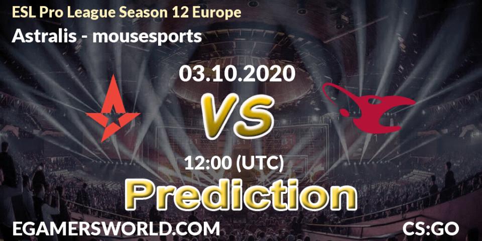 Astralis - mousesports: прогноз. 03.10.2020 at 12:00, Counter-Strike (CS2), ESL Pro League Season 12 Europe