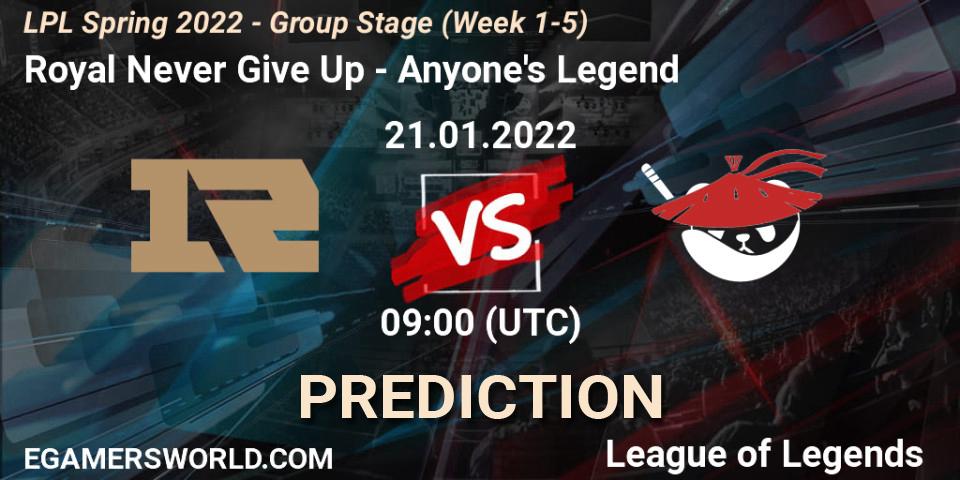 Royal Never Give Up - Anyone's Legend: прогноз. 21.01.2022 at 09:45, LoL, LPL Spring 2022 - Group Stage (Week 1-5)