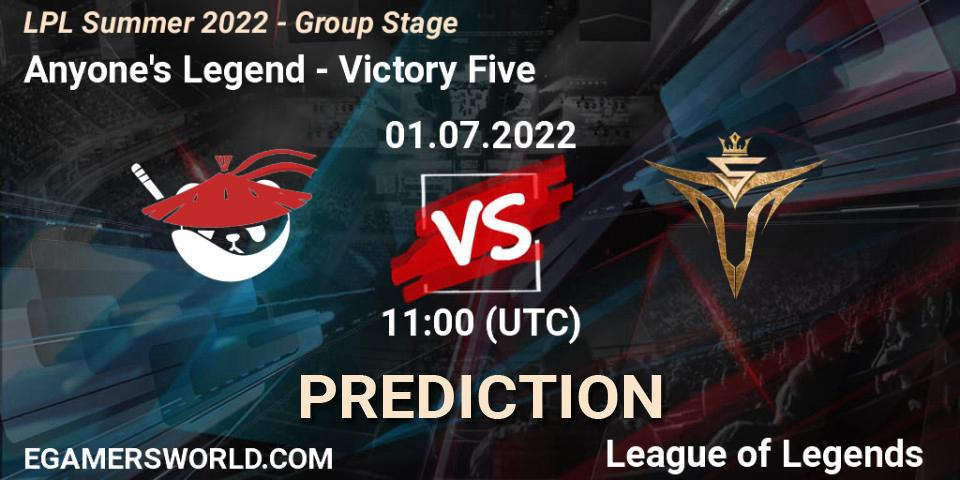 Anyone's Legend - Victory Five: прогноз. 01.07.22, LoL, LPL Summer 2022 - Group Stage