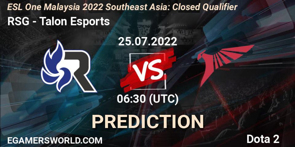RSG - Talon Esports: прогноз. 25.07.2022 at 07:06, Dota 2, ESL One Malaysia 2022 Southeast Asia: Closed Qualifier