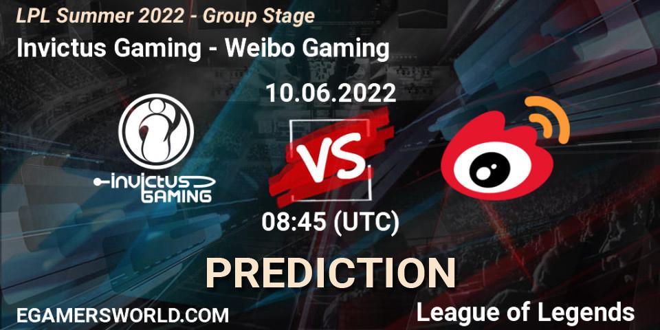 Invictus Gaming - Weibo Gaming: прогноз. 10.06.2022 at 08:45, LoL, LPL Summer 2022 - Group Stage