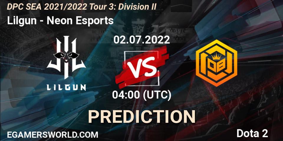 Lilgun - Neon Esports: прогноз. 02.07.2022 at 04:02, Dota 2, DPC SEA 2021/2022 Tour 3: Division II