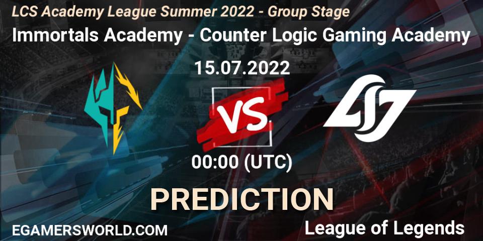 Immortals Academy - Counter Logic Gaming Academy: прогноз. 15.07.2022 at 00:00, LoL, LCS Academy League Summer 2022 - Group Stage