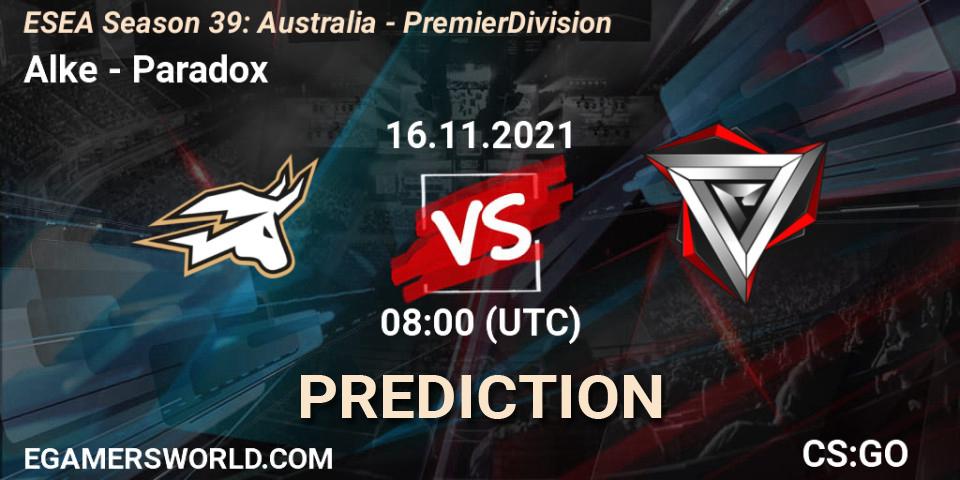 Alke - Paradox: прогноз. 16.11.2021 at 08:00, Counter-Strike (CS2), ESEA Season 39: Australia - Premier Division