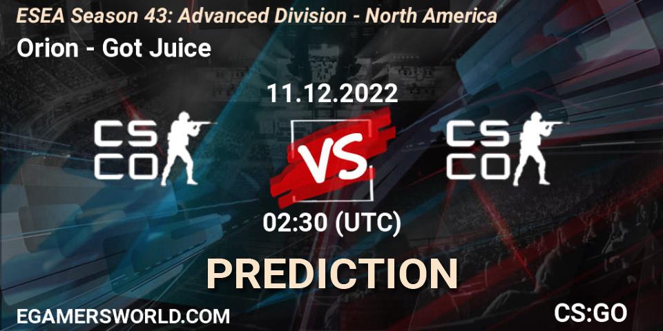 Orion - Got Juice: прогноз. 11.12.22, CS2 (CS:GO), ESEA Season 43: Advanced Division - North America