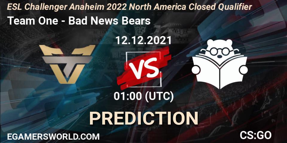 Team One - Bad News Bears: прогноз. 12.12.2021 at 01:00, Counter-Strike (CS2), ESL Challenger Anaheim 2022 North America Closed Qualifier