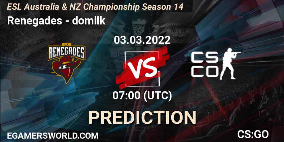 Renegades - DoMilk: прогноз. 03.03.2022 at 07:00, Counter-Strike (CS2), ESL ANZ Champs Season 14