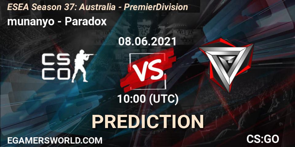 munanyo - Paradox: прогноз. 08.06.2021 at 10:00, Counter-Strike (CS2), ESEA Season 37: Australia - Premier Division