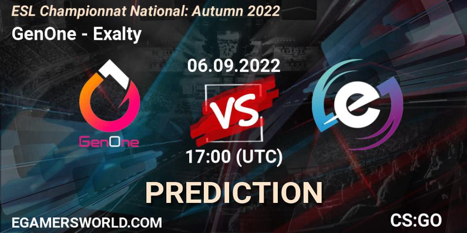 GenOne - Exalty: прогноз. 06.09.2022 at 17:00, Counter-Strike (CS2), ESL Championnat National: Autumn 2022