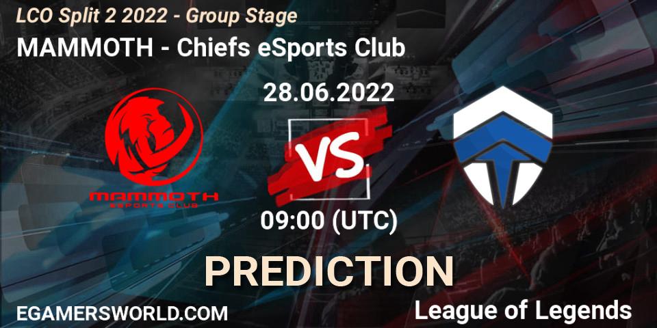 MAMMOTH - Chiefs eSports Club: прогноз. 28.06.22, LoL, LCO Split 2 2022 - Group Stage