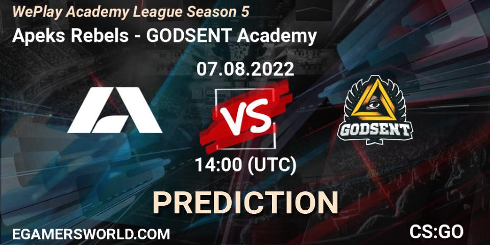 Apeks Rebels - GODSENT Academy: прогноз. 26.07.2022 at 14:00, Counter-Strike (CS2), WePlay Academy League Season 5