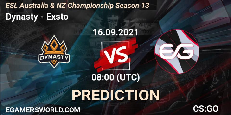 Dynasty - Exsto: прогноз. 16.09.21, CS2 (CS:GO), ESL Australia & NZ Championship Season 13