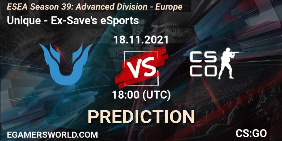 Unique - Ex-Save's eSports: прогноз. 18.11.2021 at 18:00, Counter-Strike (CS2), ESEA Season 39: Advanced Division - Europe