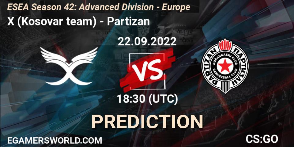 X (Kosovar team) - Partizan: прогноз. 22.09.2022 at 16:00, Counter-Strike (CS2), ESEA Season 42: Advanced Division - Europe