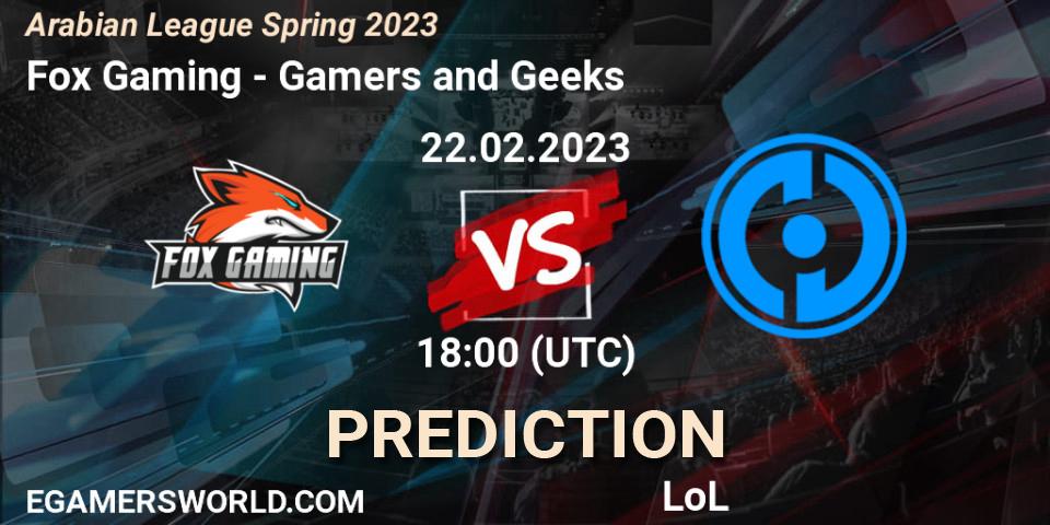 Fox Gaming - Gamers and Geeks: прогноз. 22.02.2023 at 18:15, LoL, Arabian League Spring 2023
