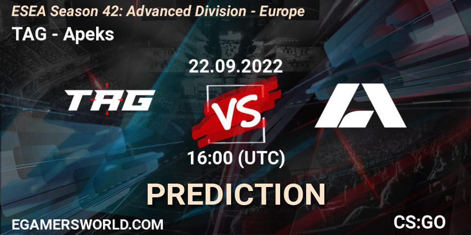 TAG - Apeks: прогноз. 22.09.2022 at 16:00, Counter-Strike (CS2), ESEA Season 42: Advanced Division - Europe