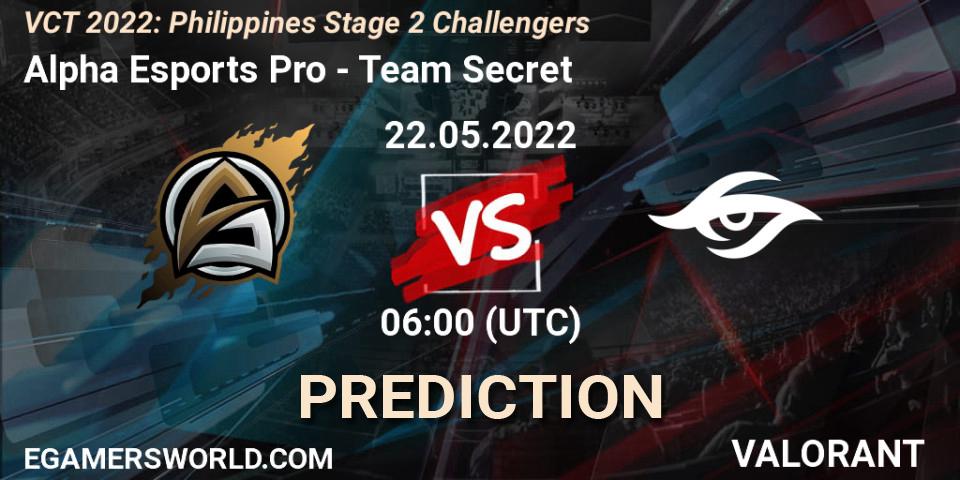 Alpha Esports Pro - Team Secret: прогноз. 22.05.2022 at 07:00, VALORANT, VCT 2022: Philippines Stage 2 Challengers