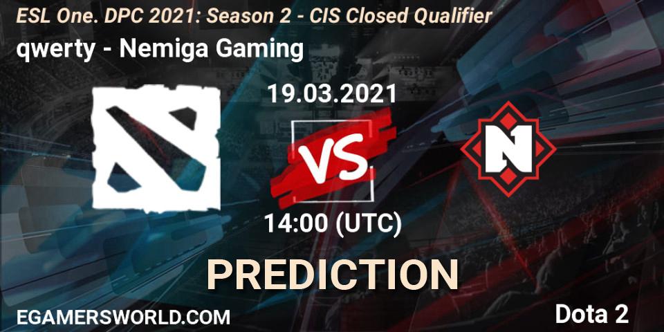 qwerty - Nemiga Gaming: прогноз. 19.03.2021 at 14:14, Dota 2, ESL One. DPC 2021: Season 2 - CIS Closed Qualifier