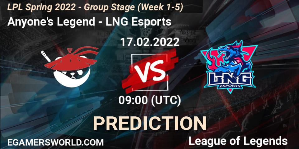 Anyone's Legend - LNG Esports: прогноз. 17.02.2022 at 09:00, LoL, LPL Spring 2022 - Group Stage (Week 1-5)