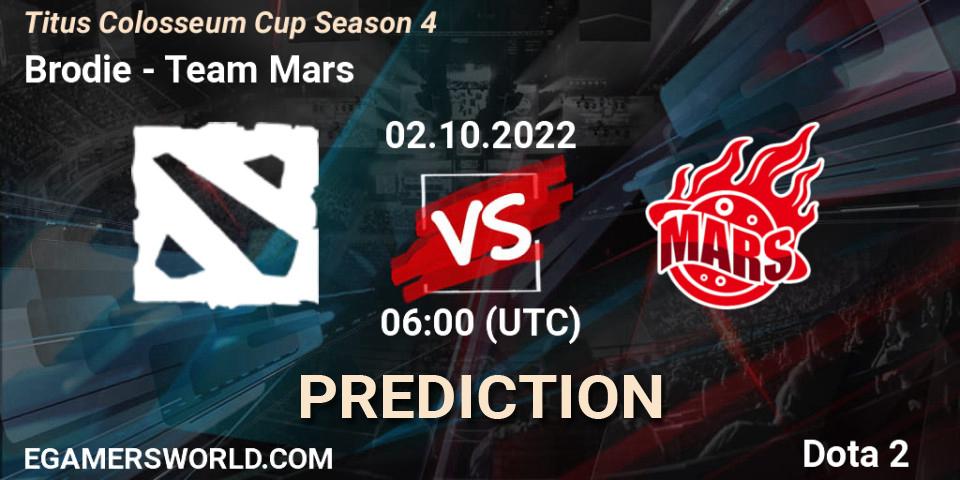 Brodie - Team Mars: прогноз. 02.10.2022 at 06:24, Dota 2, Titus Colosseum Cup Season 4 