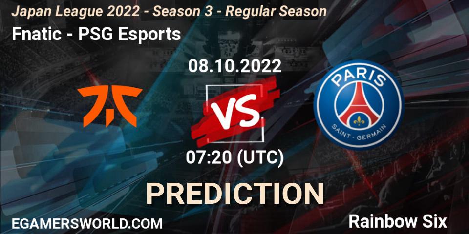Fnatic - PSG Esports: прогноз. 08.10.2022 at 07:20, Rainbow Six, Japan League 2022 - Season 3 - Regular Season