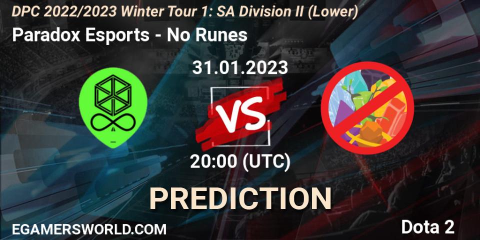 Paradox Esports - No Runes: прогноз. 31.01.23, Dota 2, DPC 2022/2023 Winter Tour 1: SA Division II (Lower)