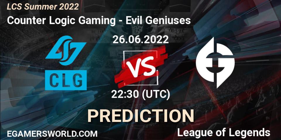 Counter Logic Gaming - Evil Geniuses: прогноз. 26.06.2022 at 22:30, LoL, LCS Summer 2022