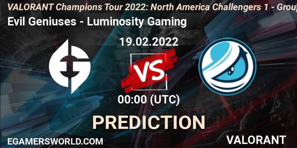 Evil Geniuses - Luminosity Gaming: прогноз. 19.02.2022 at 00:30, VALORANT, VCT 2022: North America Challengers 1 - Group Stage
