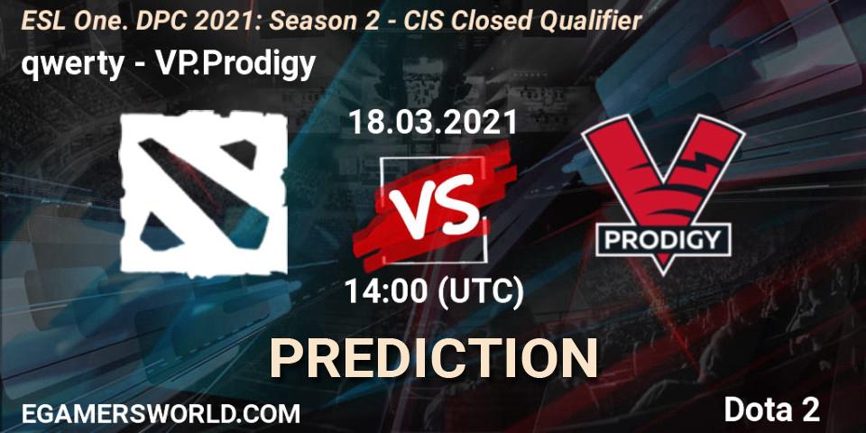 qwerty - VP.Prodigy: прогноз. 18.03.2021 at 14:26, Dota 2, ESL One. DPC 2021: Season 2 - CIS Closed Qualifier