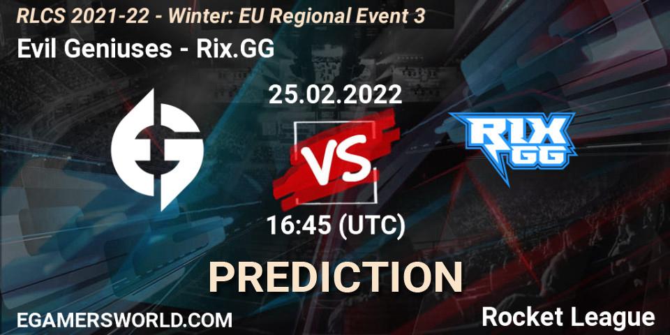 Evil Geniuses - Rix.GG: прогноз. 25.02.2022 at 16:45, Rocket League, RLCS 2021-22 - Winter: EU Regional Event 3