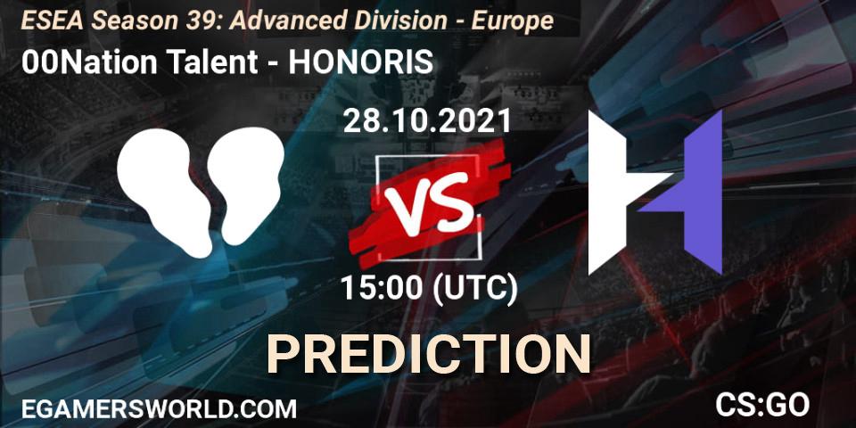 00Nation Talent - HONORIS: прогноз. 28.10.2021 at 15:00, Counter-Strike (CS2), ESEA Season 39: Advanced Division - Europe