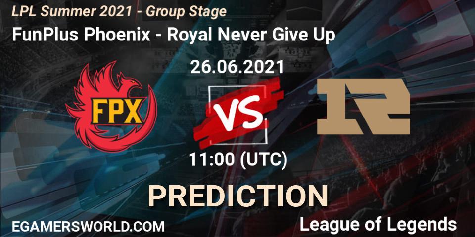 FunPlus Phoenix - Royal Never Give Up: прогноз. 26.06.2021 at 11:00, LoL, LPL Summer 2021 - Group Stage