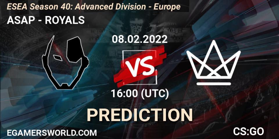 ASAP - ROYALS: прогноз. 08.02.2022 at 16:00, Counter-Strike (CS2), ESEA Season 40: Advanced Division - Europe