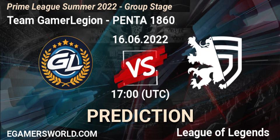 Team GamerLegion - PENTA 1860: прогноз. 16.06.2022 at 17:00, LoL, Prime League Summer 2022 - Group Stage