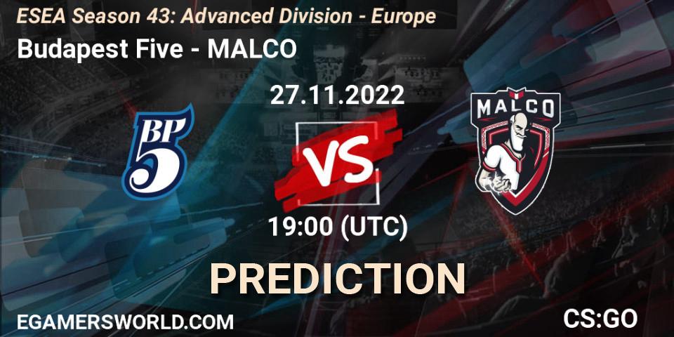 Budapest Five - MALCO: прогноз. 27.11.2022 at 19:00, Counter-Strike (CS2), ESEA Season 43: Advanced Division - Europe