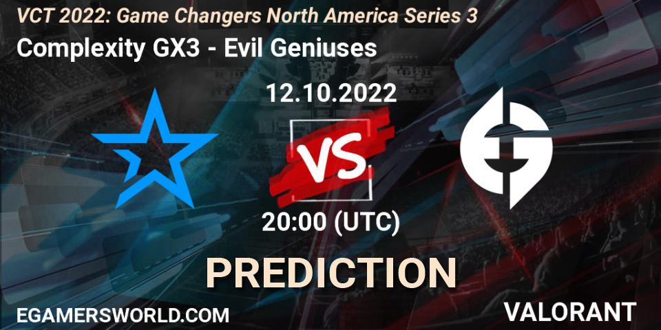 Complexity GX3 - Evil Geniuses: прогноз. 12.10.2022 at 20:10, VALORANT, VCT 2022: Game Changers North America Series 3
