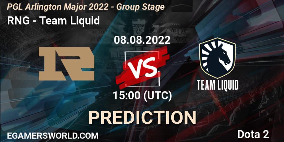 RNG - Team Liquid: прогноз. 08.08.2022 at 15:00, Dota 2, PGL Arlington Major 2022 - Group Stage