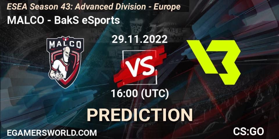 MALCO - BakS eSports: прогноз. 29.11.2022 at 16:00, Counter-Strike (CS2), ESEA Season 43: Advanced Division - Europe