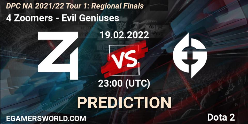 4 Zoomers - Evil Geniuses: прогноз. 19.02.2022 at 23:03, Dota 2, DPC NA 2021/22 Tour 1: Regional Finals