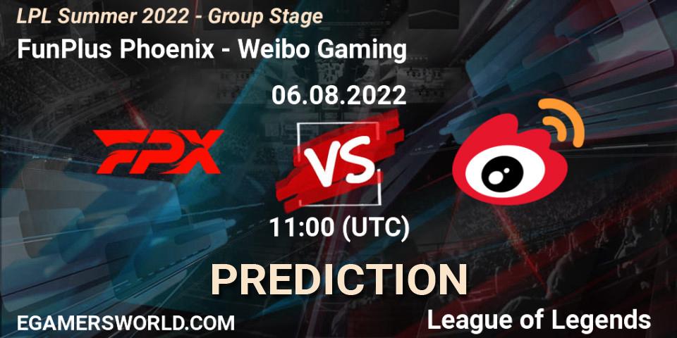 FunPlus Phoenix - Weibo Gaming: прогноз. 06.08.2022 at 12:00, LoL, LPL Summer 2022 - Group Stage