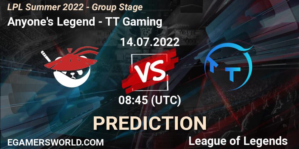 Anyone's Legend - TT Gaming: прогноз. 14.07.2022 at 09:00, LoL, LPL Summer 2022 - Group Stage