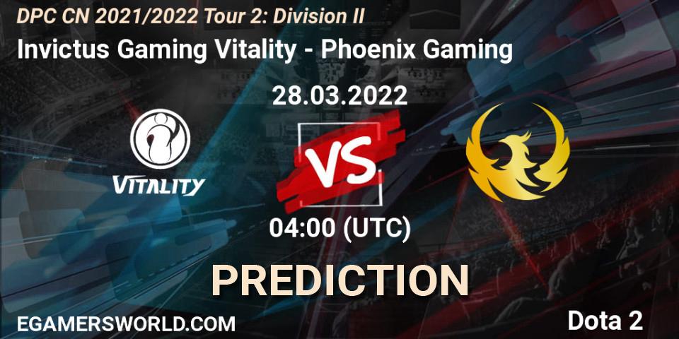 Invictus Gaming Vitality - Phoenix Gaming: прогноз. 28.03.2022 at 04:04, Dota 2, DPC 2021/2022 Tour 2: CN Division II (Lower)