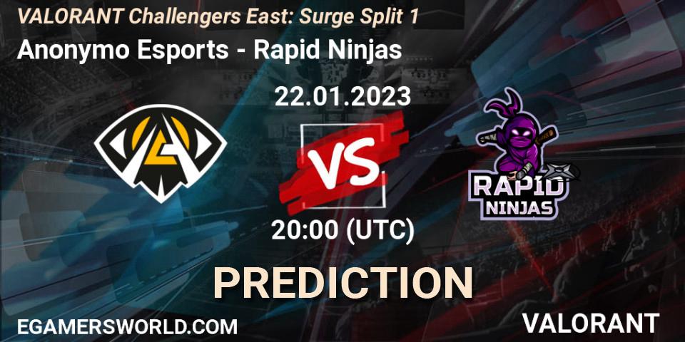 Anonymo Esports - Rapid Ninjas: прогноз. 22.01.2023 at 20:40, VALORANT, VALORANT Challengers 2023 East: Surge Split 1
