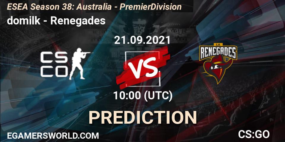 domilk - Renegades: прогноз. 21.09.2021 at 10:00, Counter-Strike (CS2), ESEA Season 38: Australia - Premier Division