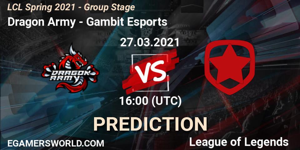 Dragon Army - Gambit Esports: прогноз. 27.03.21, LoL, LCL Spring 2021 - Group Stage