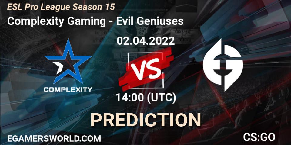 Complexity Gaming - Evil Geniuses: прогноз. 02.04.2022 at 14:00, Counter-Strike (CS2), ESL Pro League Season 15