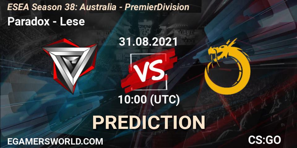 Paradox - Lese: прогноз. 31.08.2021 at 10:00, Counter-Strike (CS2), ESEA Season 38: Australia - Premier Division