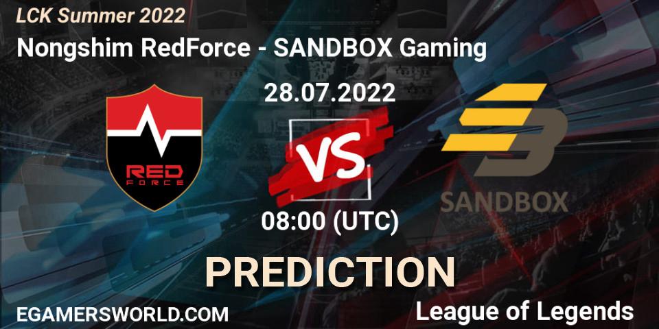 Nongshim RedForce - SANDBOX Gaming: прогноз. 28.07.2022 at 08:00, LoL, LCK Summer 2022