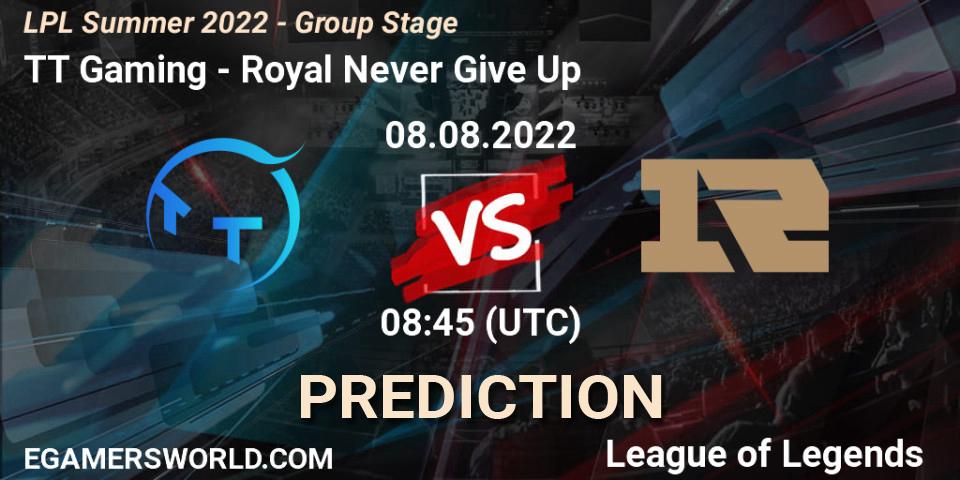 TT Gaming - Royal Never Give Up: прогноз. 08.08.2022 at 09:00, LoL, LPL Summer 2022 - Group Stage
